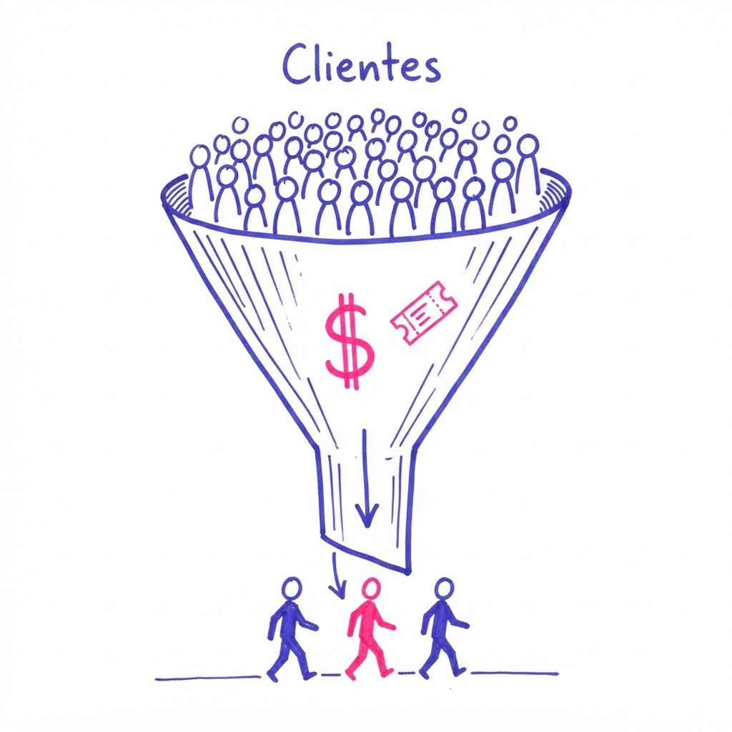 Boceto de un embudo de marketing que capta clientes