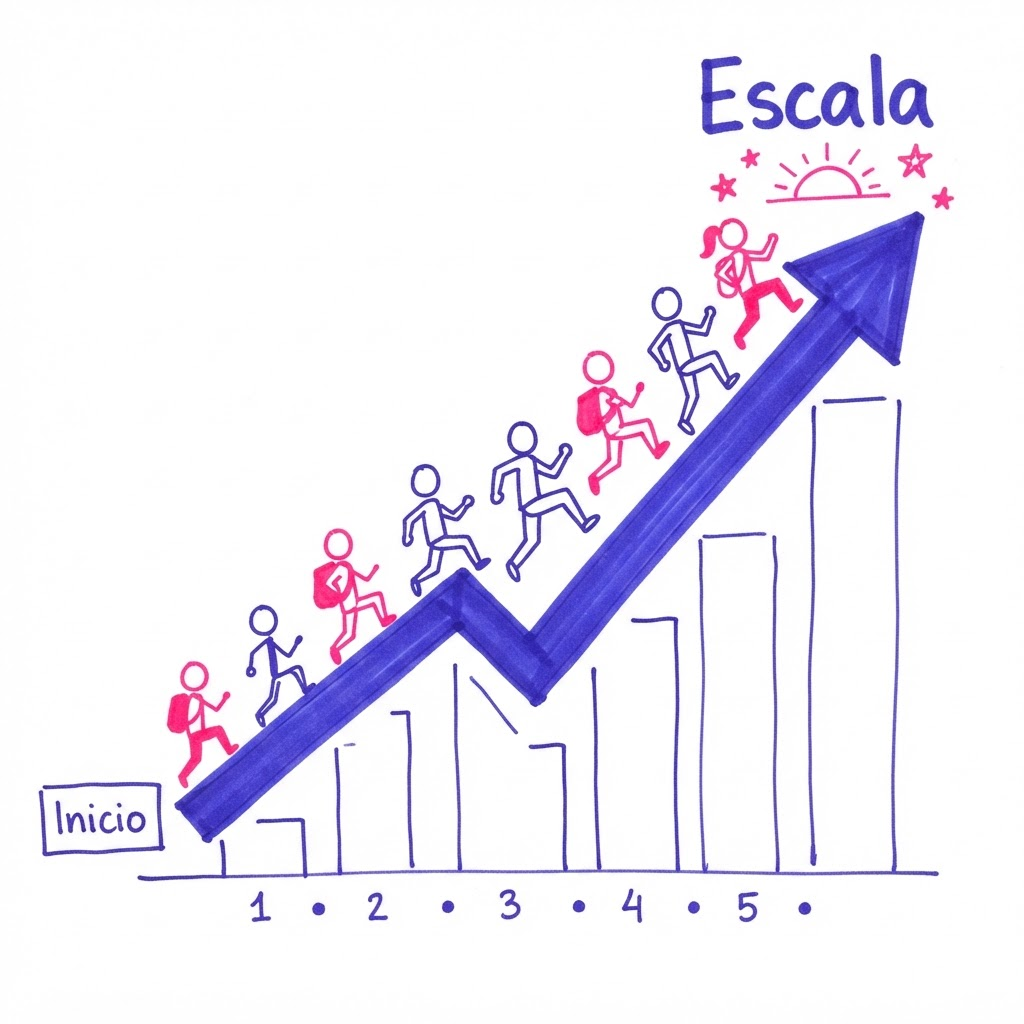 Boceto de un gráfico de crecimiento con personas subiendo por una flecha
